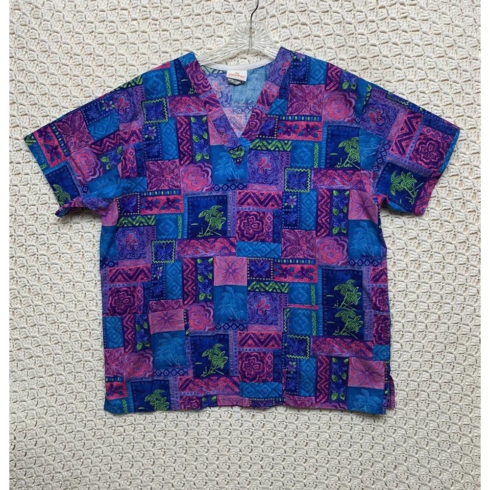 Peaches Scrubs Top Womens Large Multicolor Pockets Technical Medical